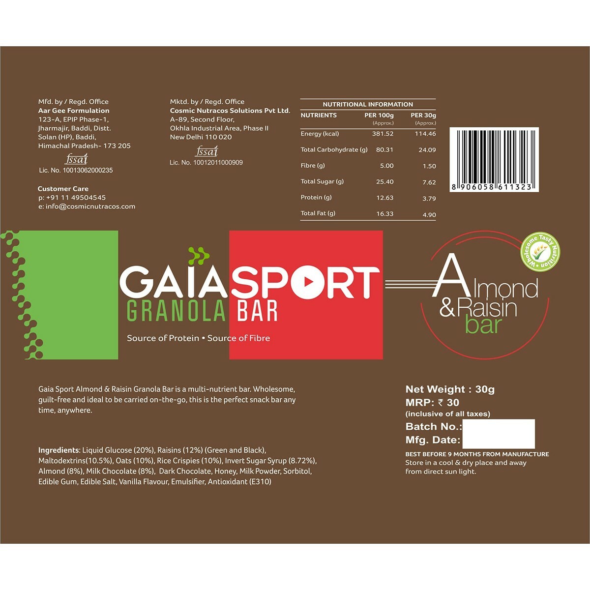 Gaia Almond & Raisin Bar 30gm