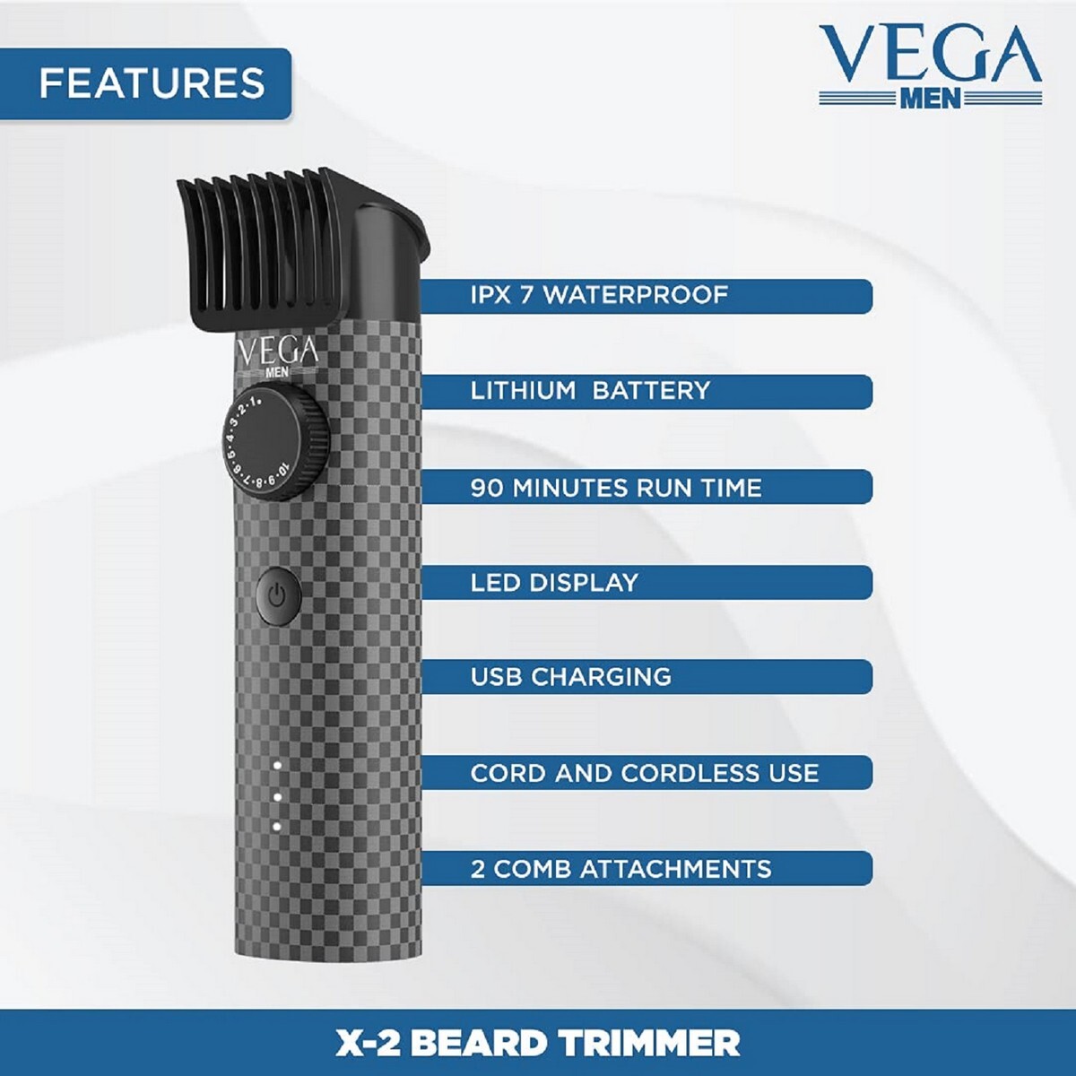 Vega Men X2 Beard Trimmer For Men With Quick Charge, 90 Mins Run-time, Waterproof, For Cord & Cordless Use And 40 Length Settings, VHTH-17