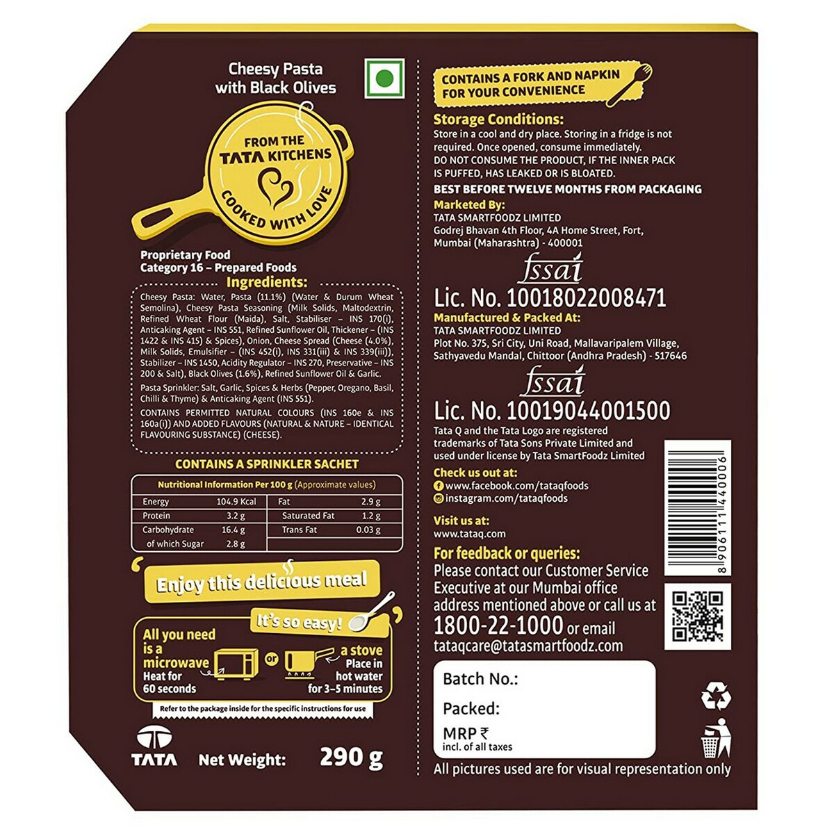 Tata Q Cheesy Pasta with Black Olives 290gm