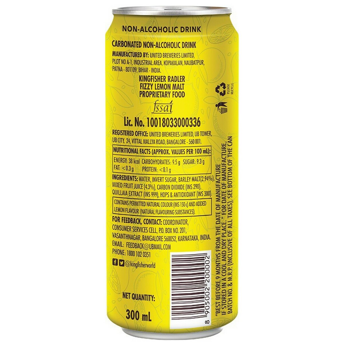 Kingfisher Radler Lemon  Non Alcoholic Drink 300ml