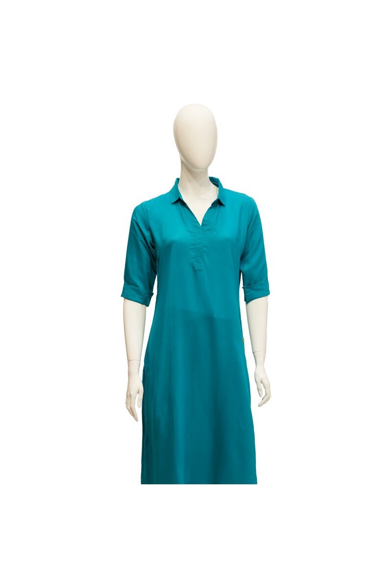Ora Rayon Straight Cut Kurta for Women with Shirt Collar - Aqua Green