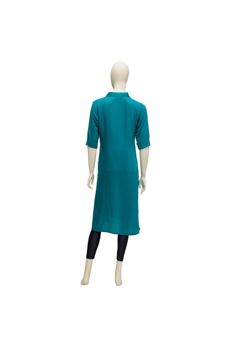 Ora Rayon Straight Cut Kurta for Women with Shirt Collar - Aqua Green