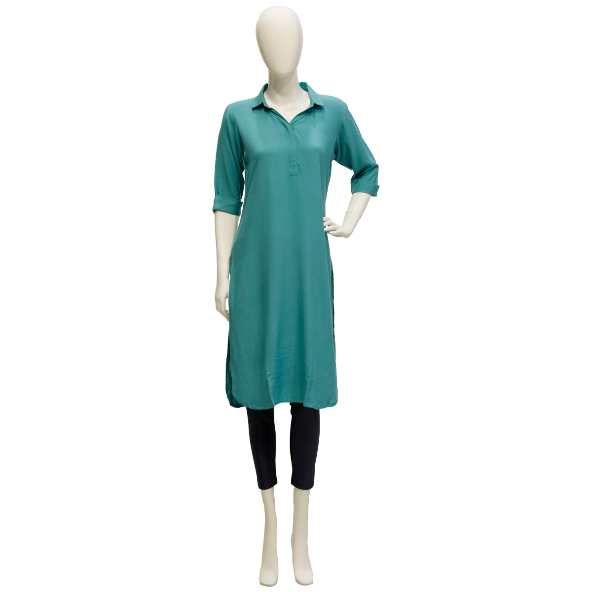 Ora Rayon Straight Cut Kurta for Women with Shirt Collar - Light Turquoise