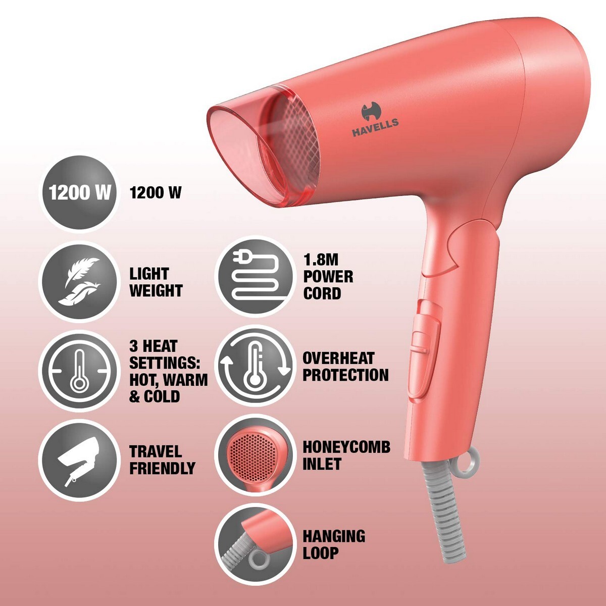 Havells HD2223 1200 Watts Foldable & Travel Friendly Hair Dryer, 3 Heat  Settings, with Overheat Protection