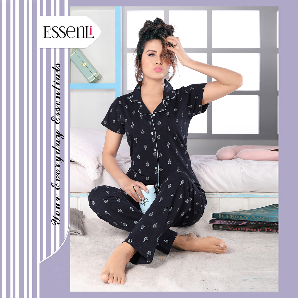 Essenli Cotton Knitted Sleep Wear for Women - Black