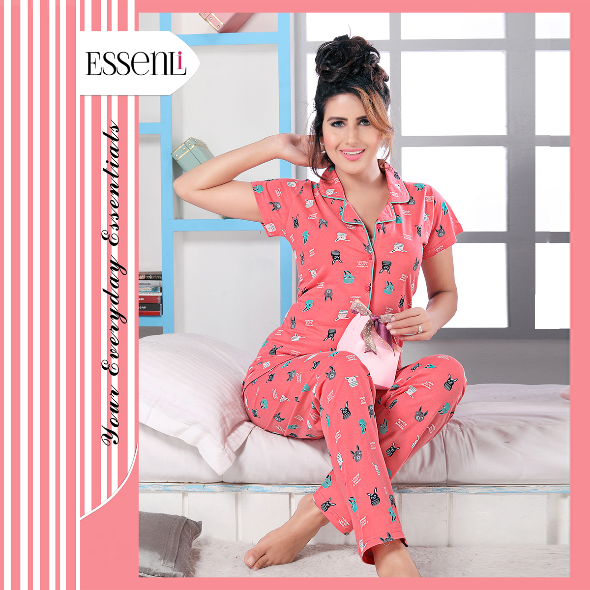 Essenli Cotton Knitted Sleep Wear for Women - Coral