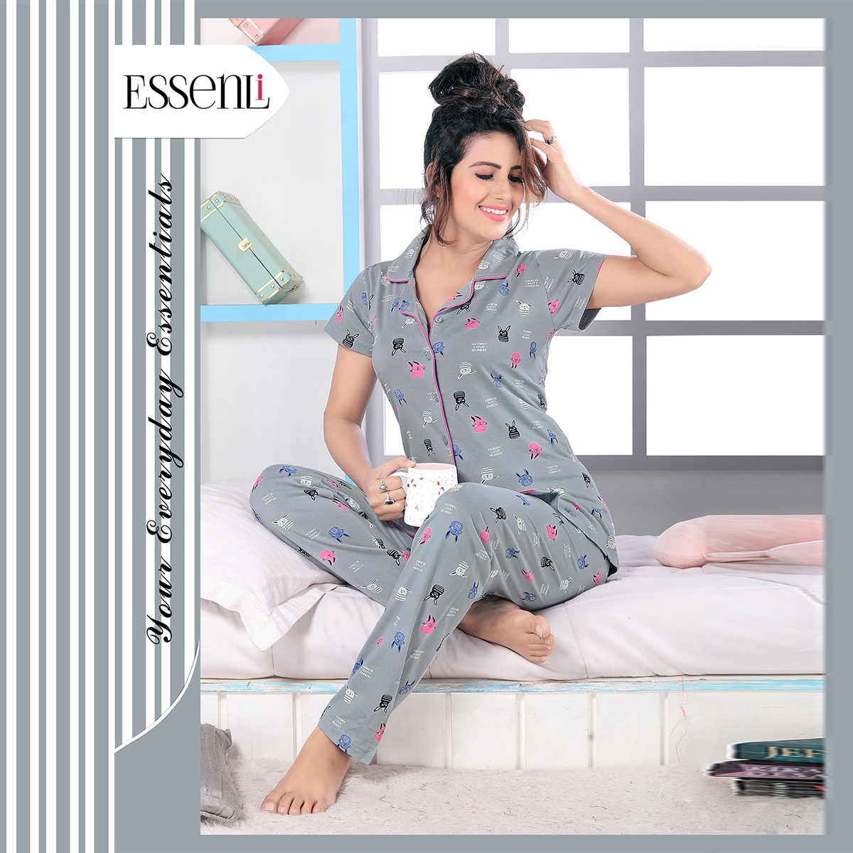 Essenli Cotton Knitted Sleep Wear for Women - Gray