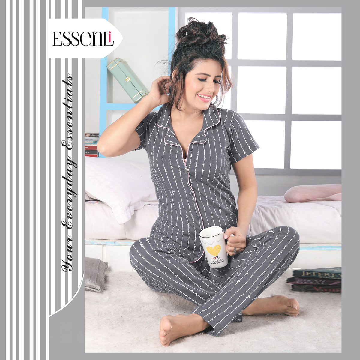 Essenli Cotton Knitted Sleep Wear for Women - Grey