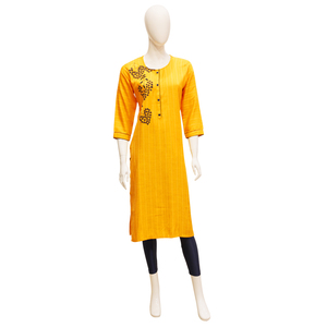 Yavi Straight Cut Kurta for Women with Embroidery Detailing - Yellow