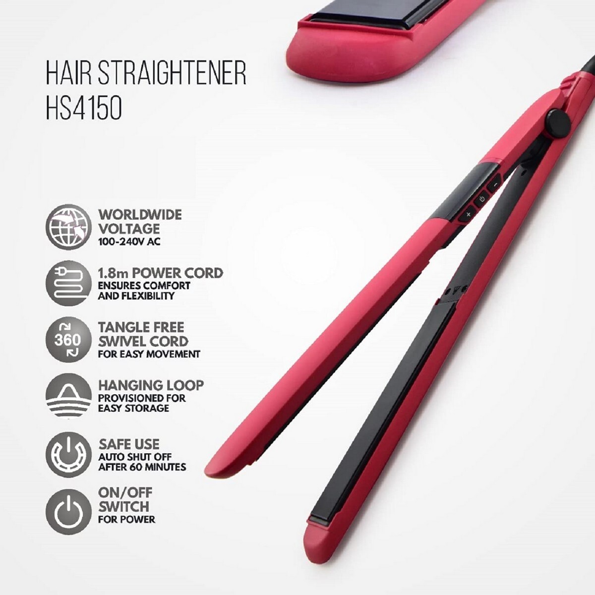 Havells HS4150 Ceramic Plates Hair Straightener with Digital Display & Adjustable temperature, Heats Up Fast Red