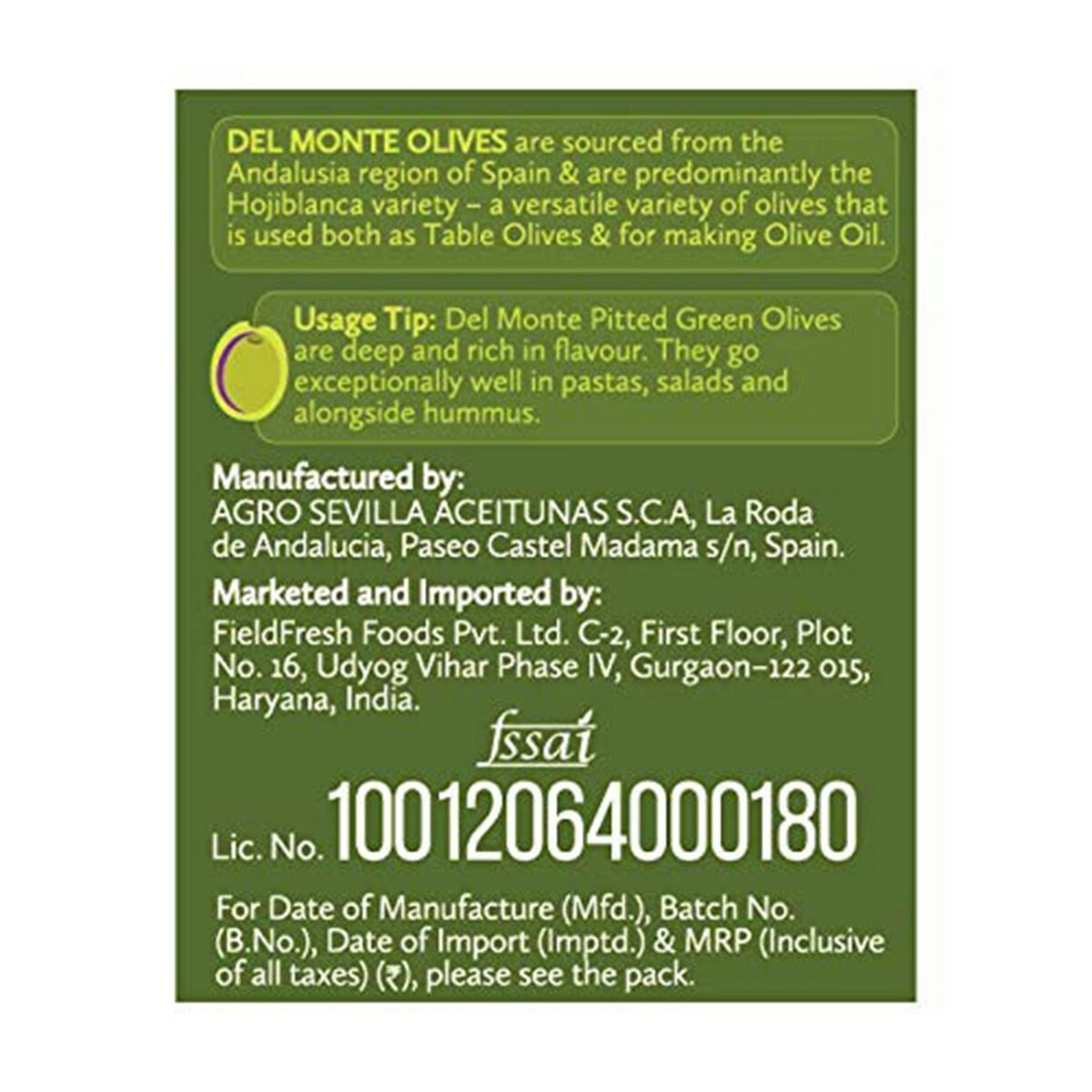 Del Monte Green Olive Pitted 450g