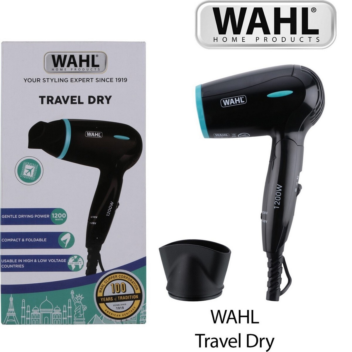 Wahl WCHD4-1124 Travel Dry Hair Dryer -1200W  Black