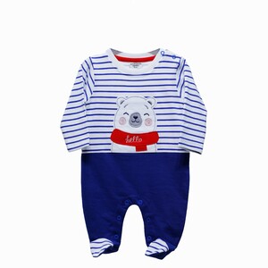 Wonder Child Full Sleeves Stripe Footed Romper Bear Embroidery - Blue White