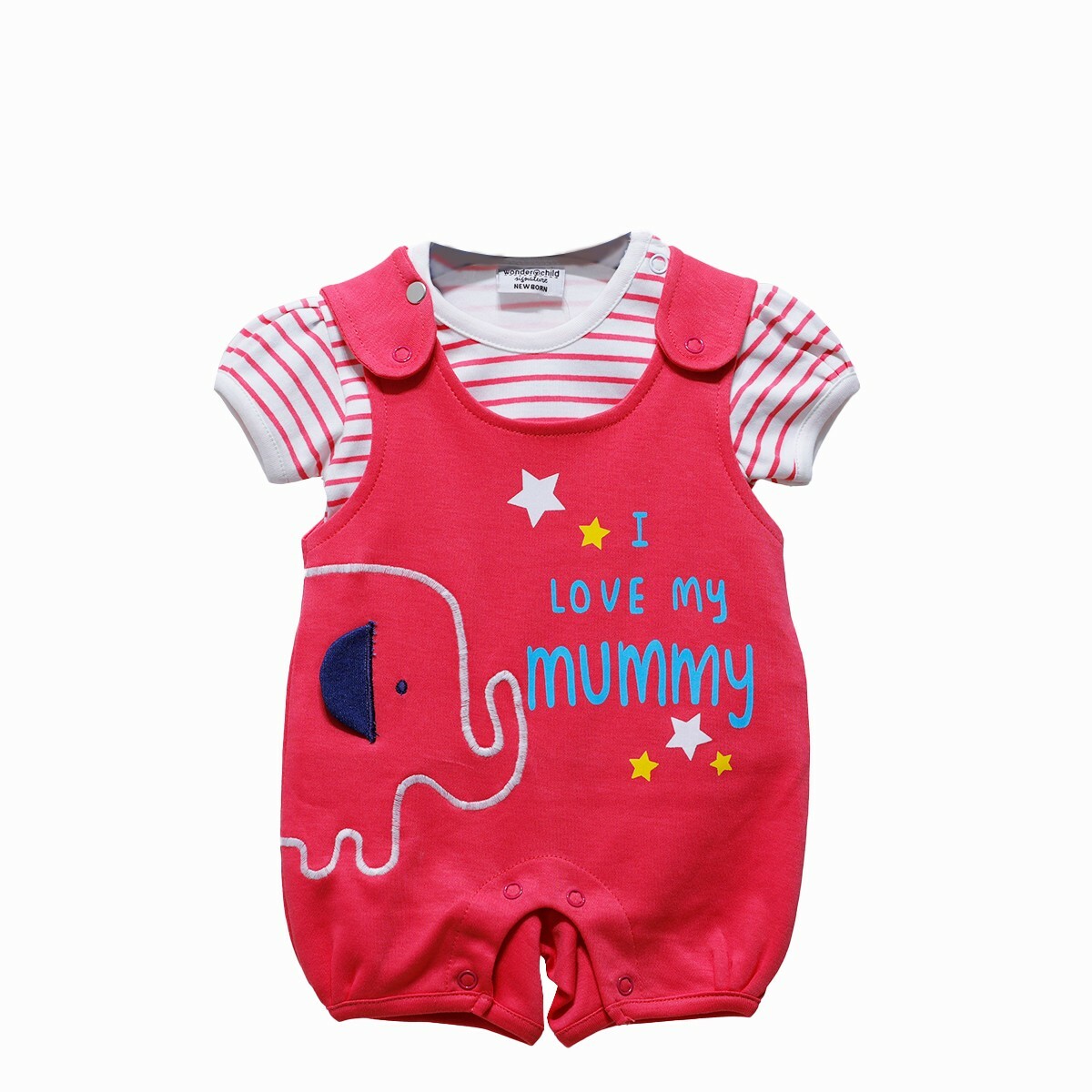 Wonder Child Short Sleeves with Striped tee with Elephent Embroidered Romper