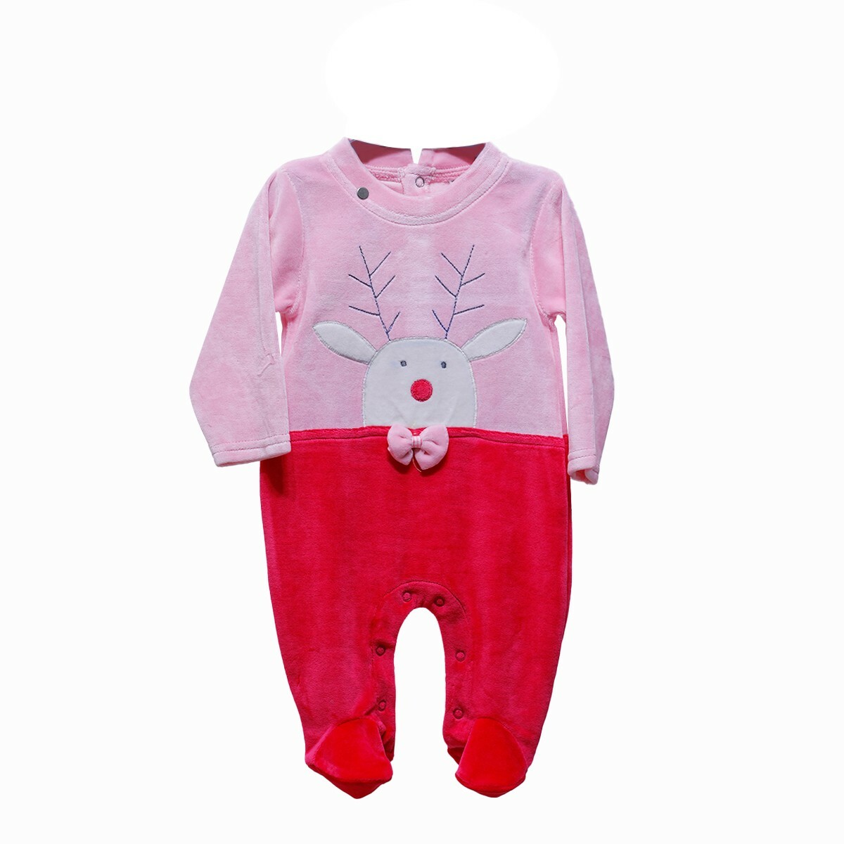 Wonder Child Full Sleeves Reindeer Design Footed Romper - Pink