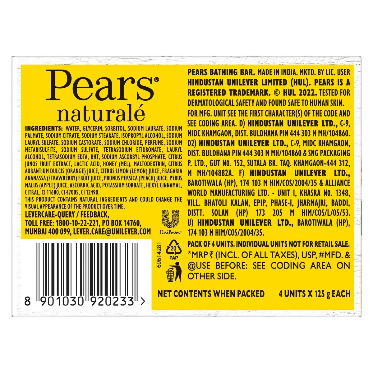 Pears Naturale Vitamin C Refreshing Bathing Bar, 125 G (Pack Of 4)