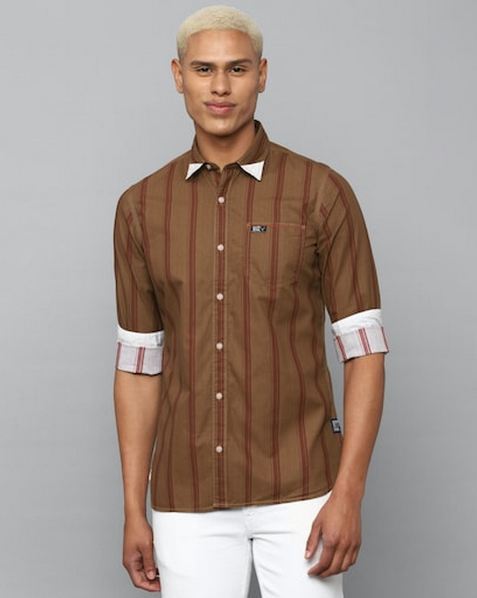 Allen Solly Mens Stripe Brown Custom Fit Formal Shirt