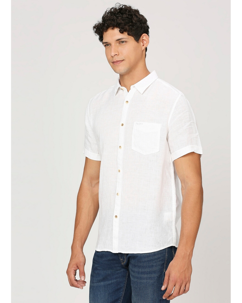 Pepe Mens Solid White Slim Fit Casual Shirt