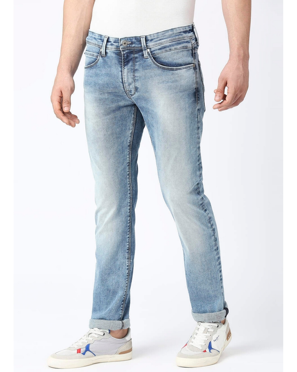 Pepe Mens Solid Light Worn Slim Fit Jeans