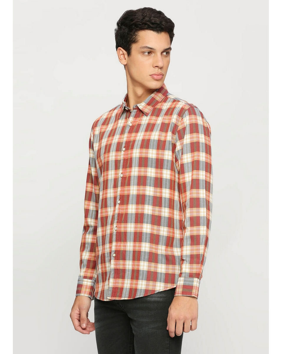 Pepe Mens Checked Red Slim Fit Casual Shirt