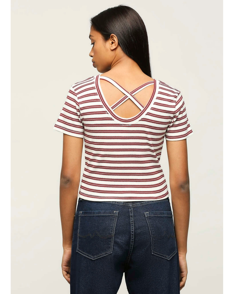 Pepe Ladies Striped Burgundy Slim Fit T Shirt