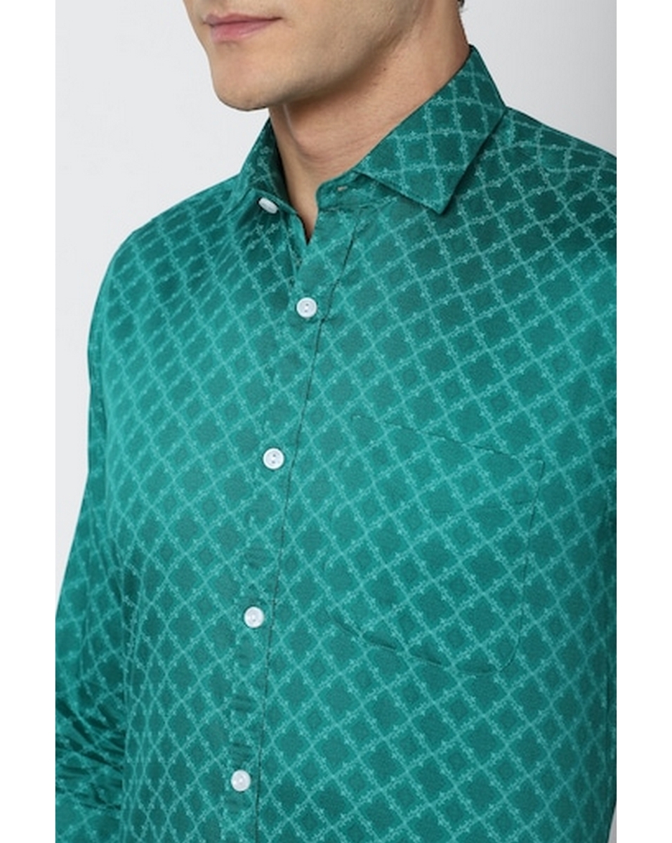 Peter England Mens Print Green Slim Fit Casual Shirt