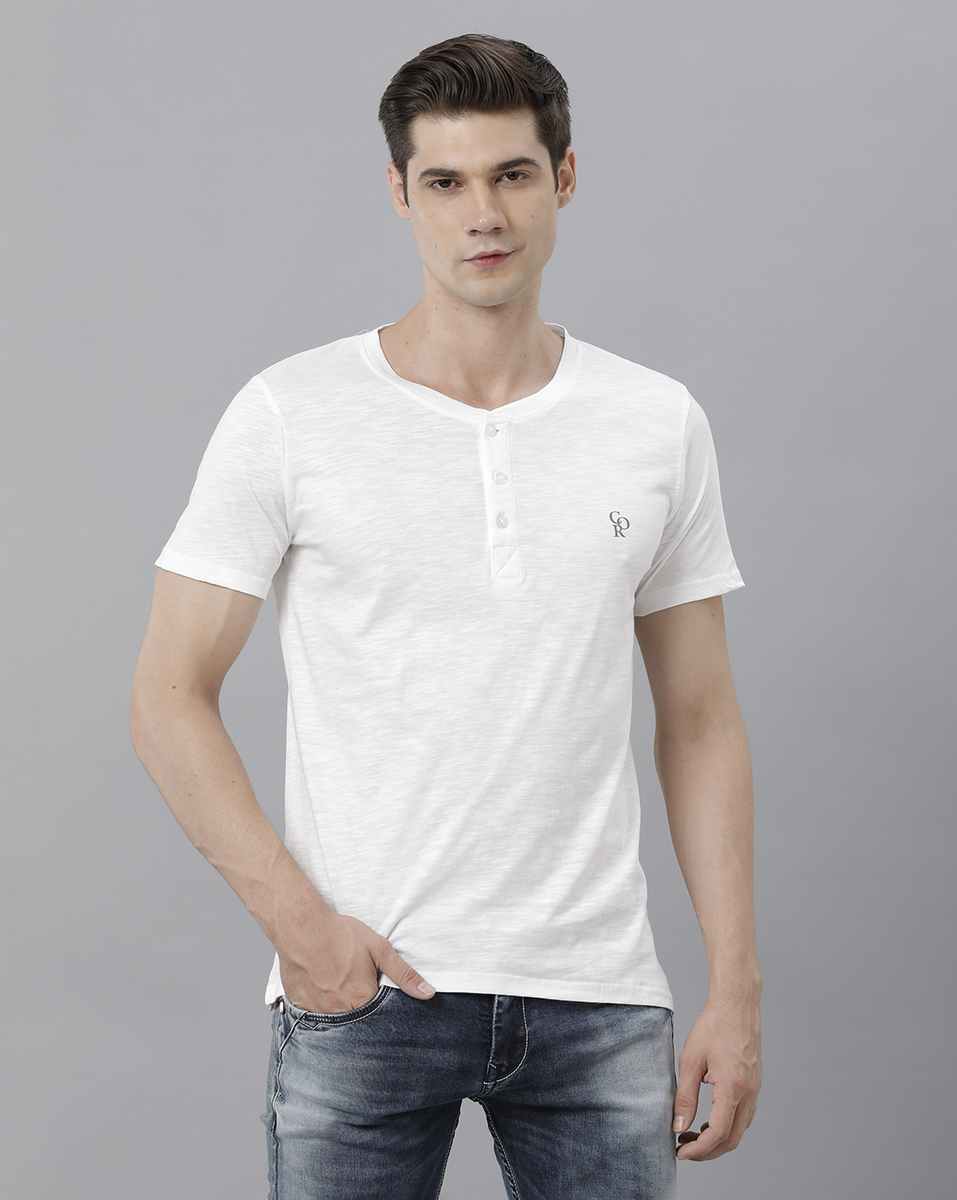 Cortigiani Mens White Solid Neck Tshirt