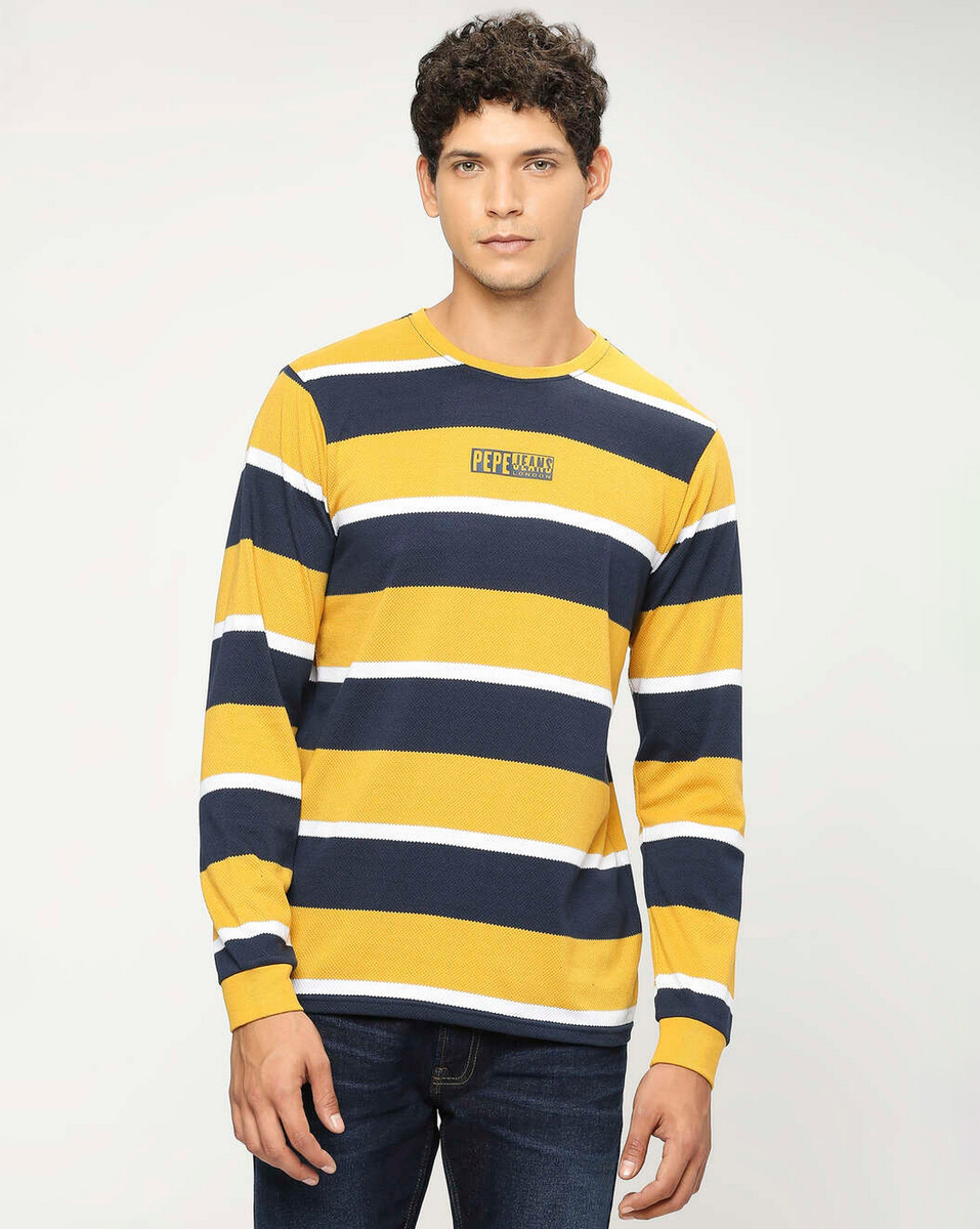Pepe Mens Striped Rugby Yellow Slim Fit T Shirt