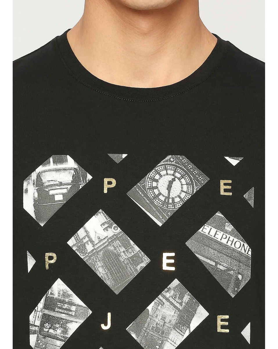 Pepe Mens Printed Black Slim Fit T Shirt