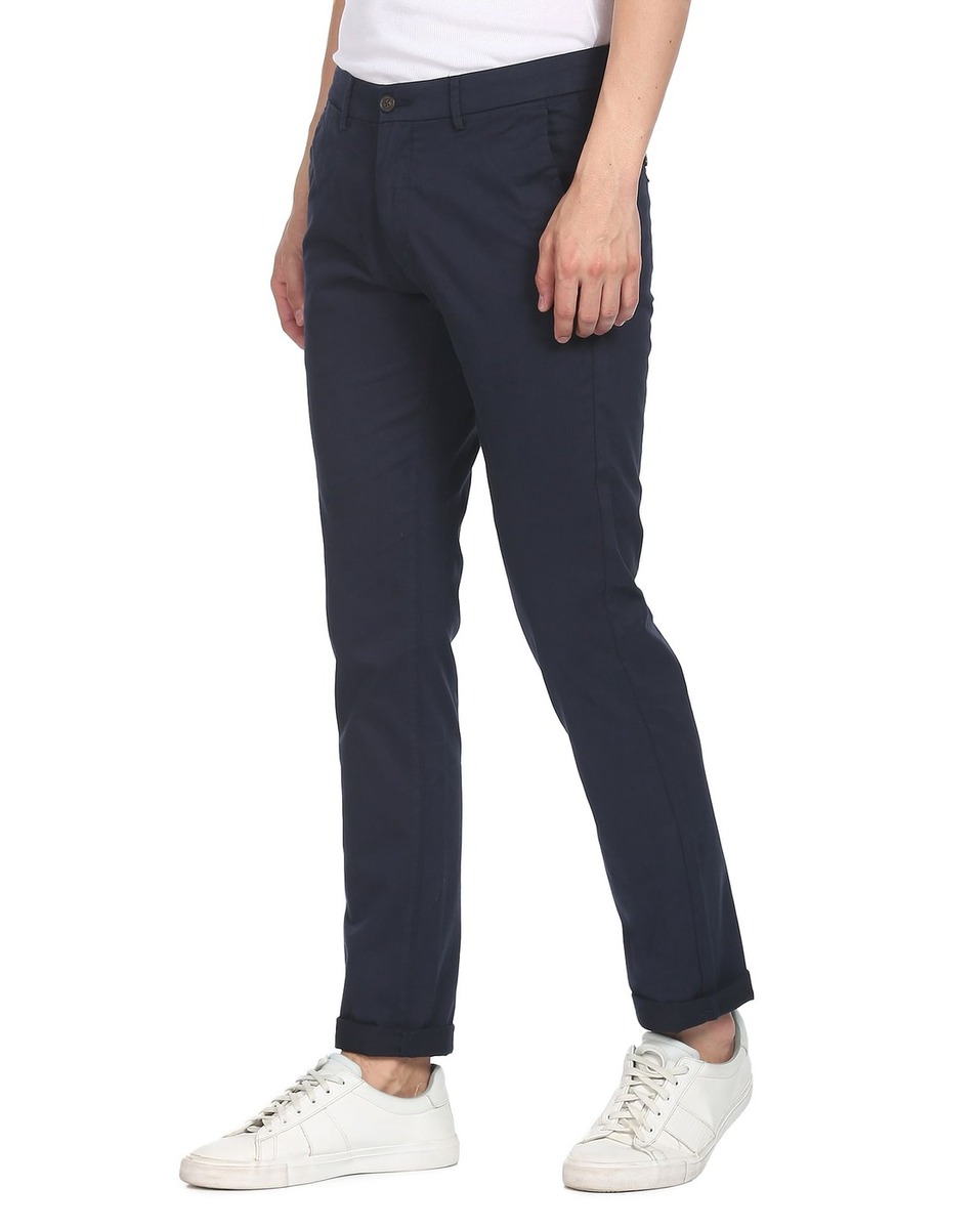Arrow Sport Mens Solid Navy Slim Fit Casual Trousers