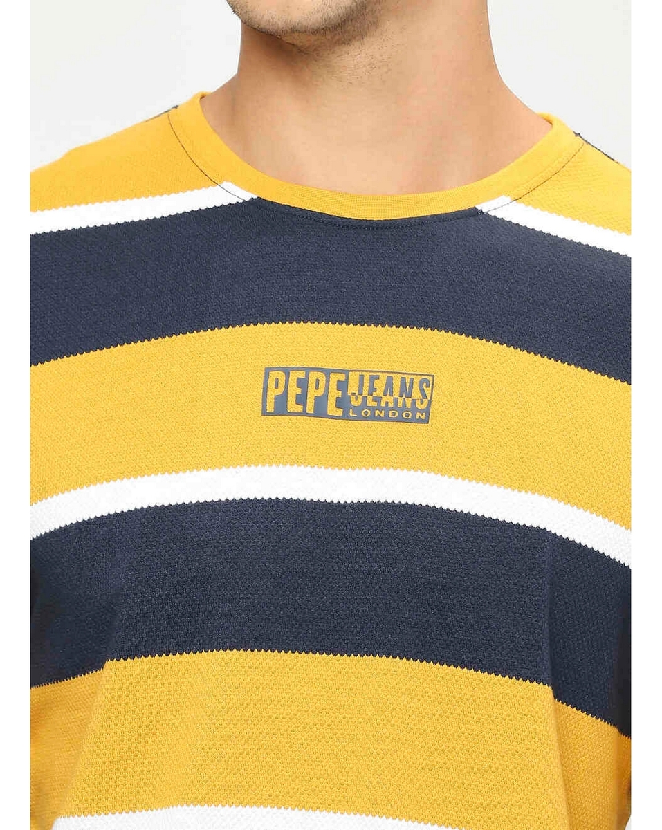 Pepe Mens Striped Rugby Yellow Slim Fit T Shirt