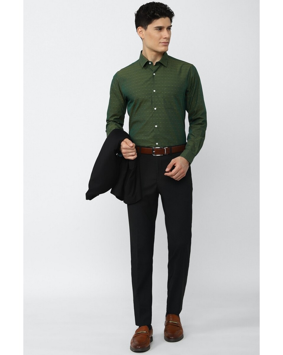 Peter England Mens Slim Fit Olive Print Mens Casual Shirt