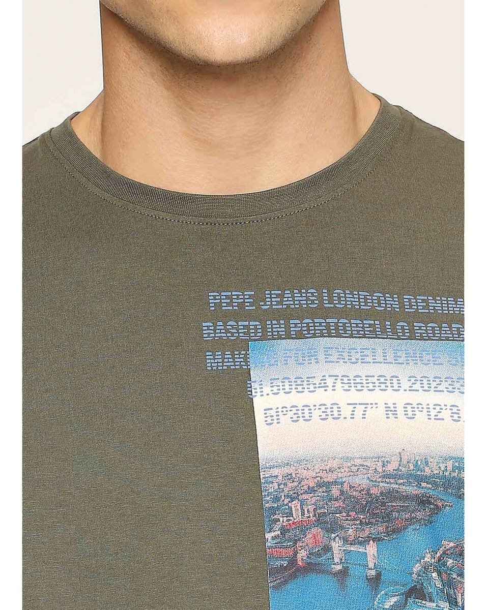 Pepe Mens Printed Olive Slim Fit T Shirt