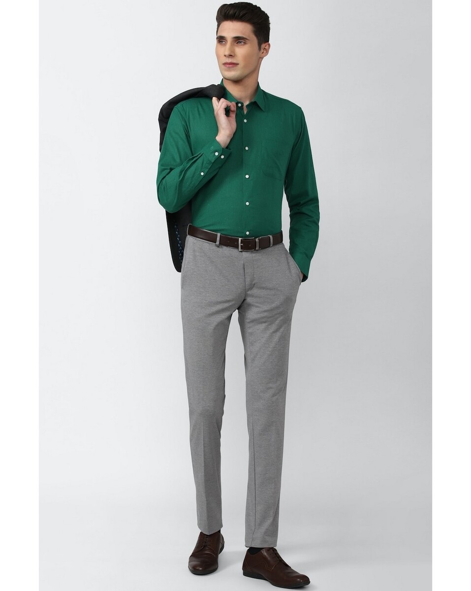Peter England Mens Regular Fit Green Solid Mens Casual Shirt
