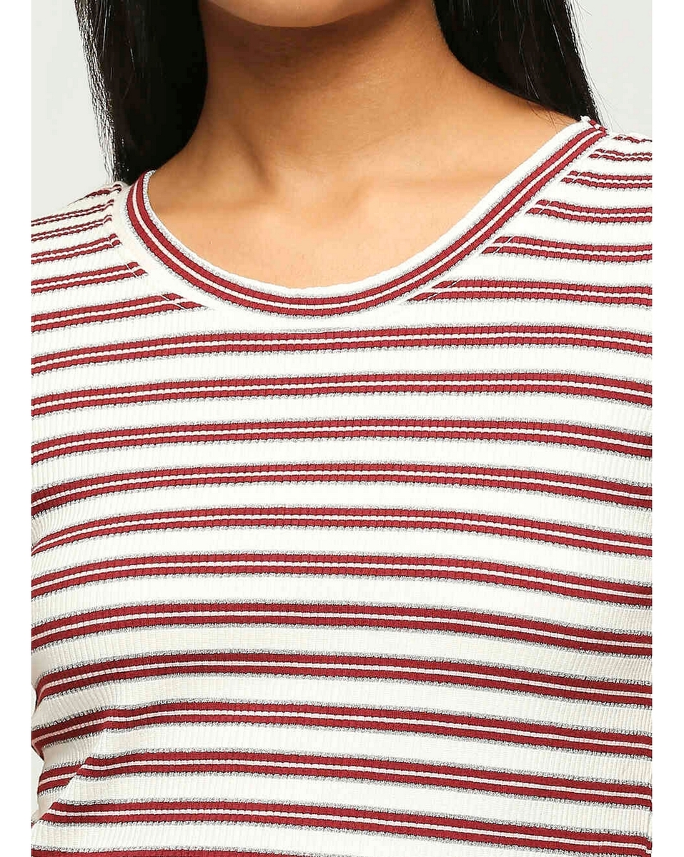 Pepe Ladies Striped Burgundy Slim Fit T Shirt