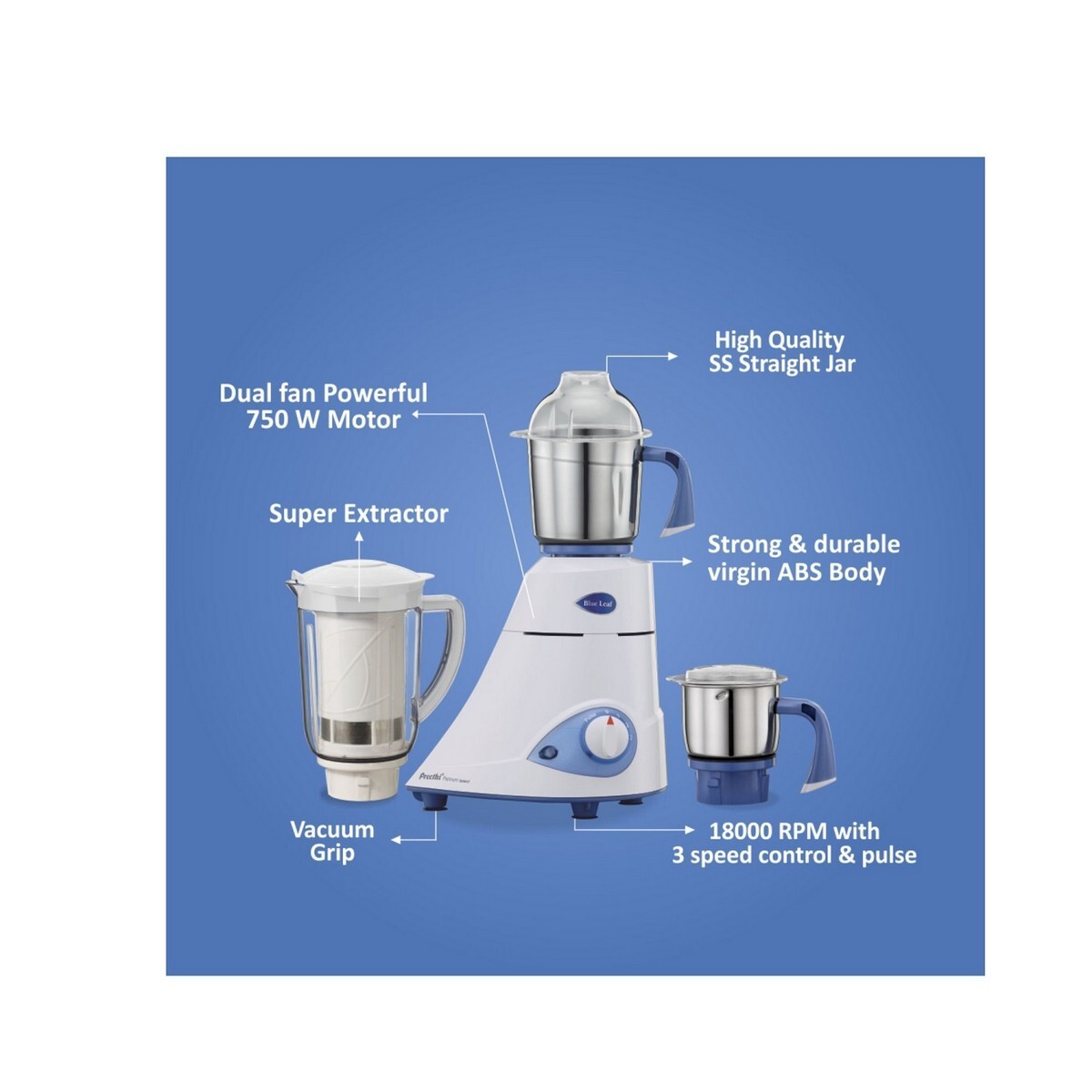 Preethi Platinum Select Blue Leaf 750 Mixer Grinder (3 Jars, White)