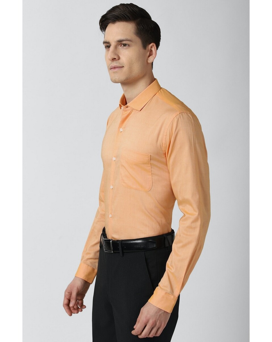 Peter England Mens Regular Fit Orange Textured Mens Casual Shirt