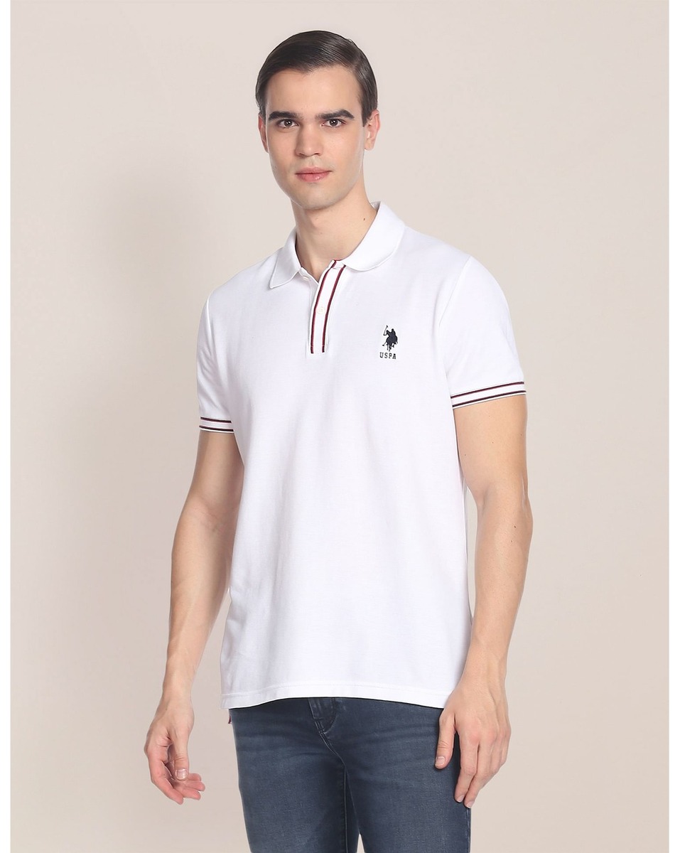 U S Polo Mens Solid  White Slim fit Polo T Shirt