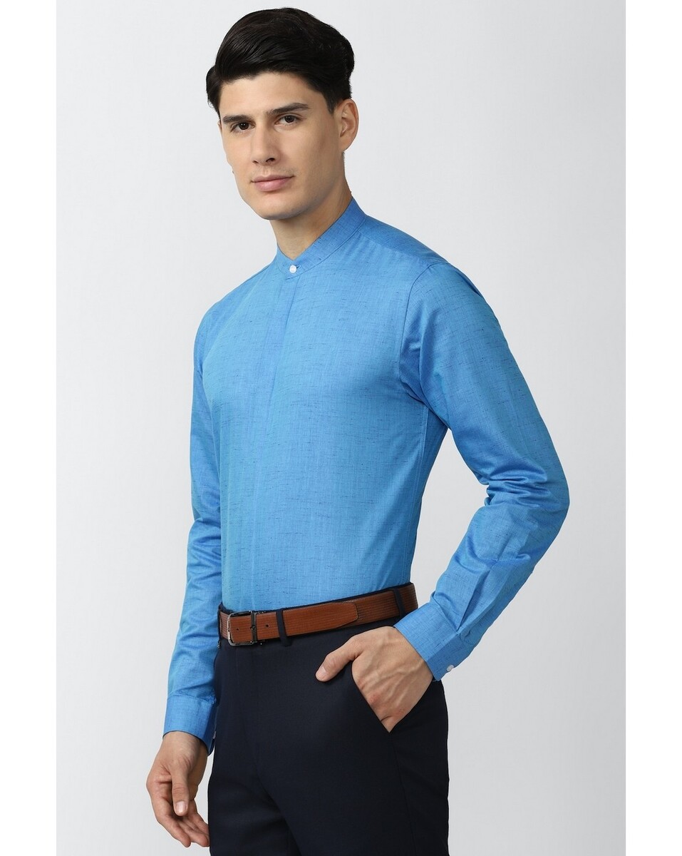 Peter England Mens Slim Fit Blue Textured Mens Casual Shirt