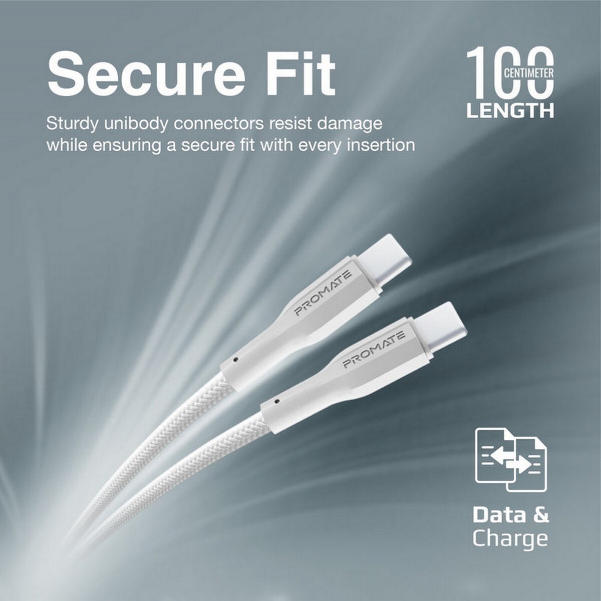 Promate High Tensile Strength Data & Charge USB-C Cable Braided XCord White