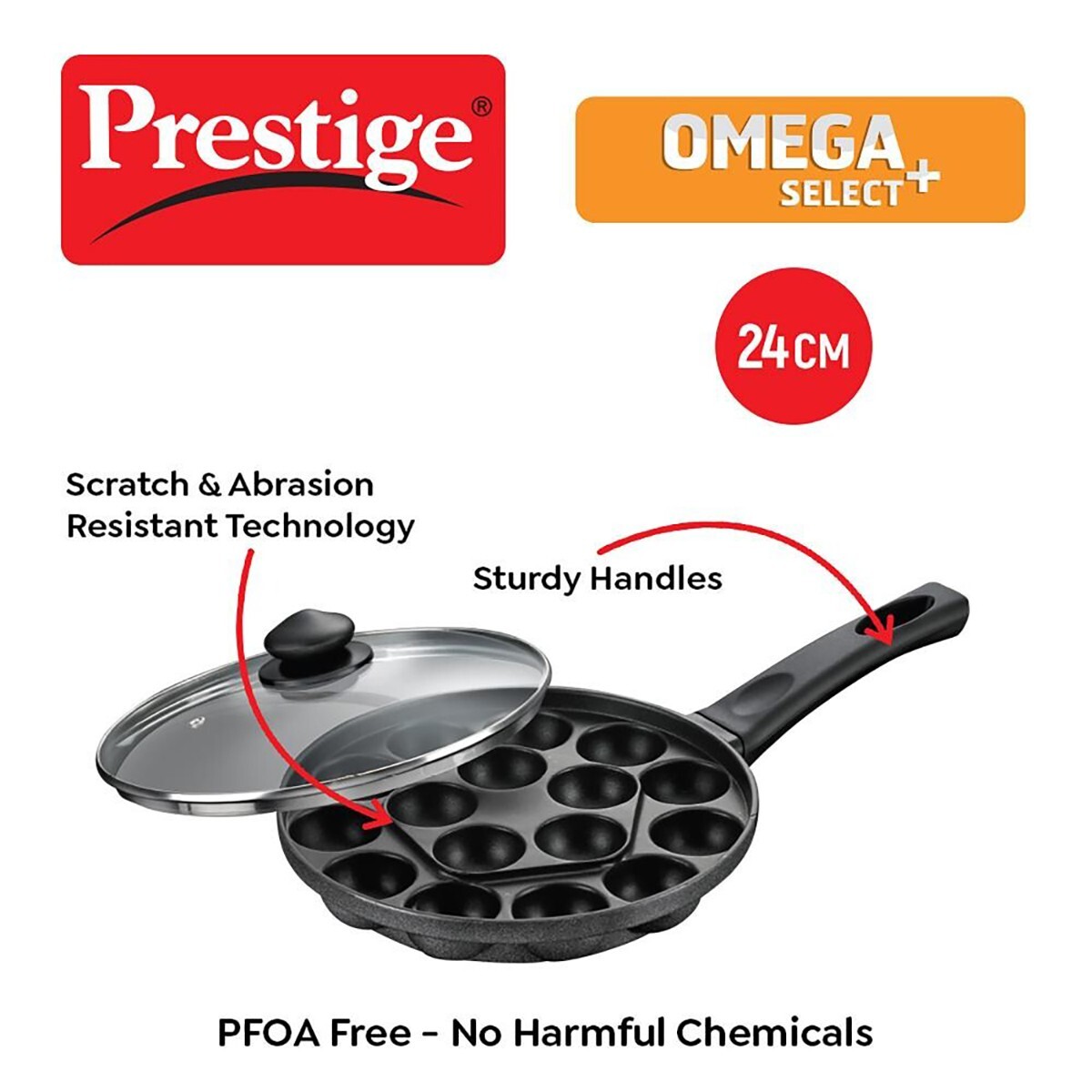 Prestige Omega Plus Paniyarakal 16 Pits With Glass Lid