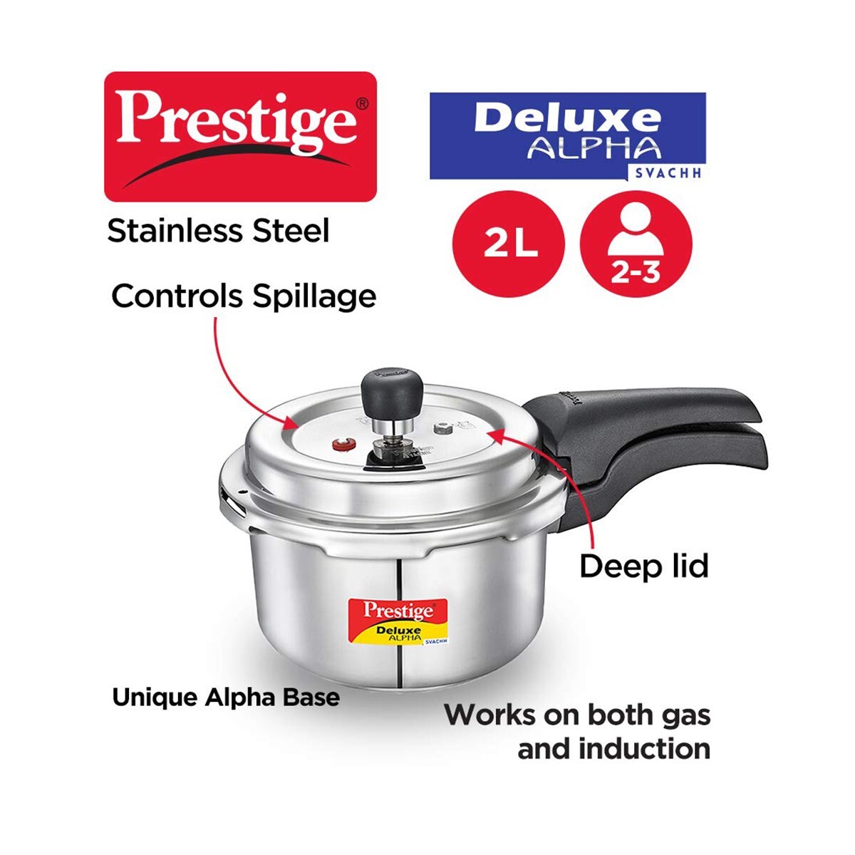 Prestige Stainless Steel Pressure Cooker Deluxe Alpha Svachh 2L