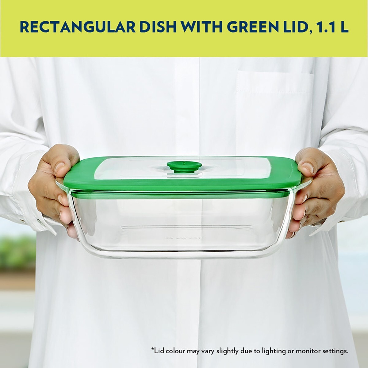 Borosil Rectangle Dish Green Lid 1.1L