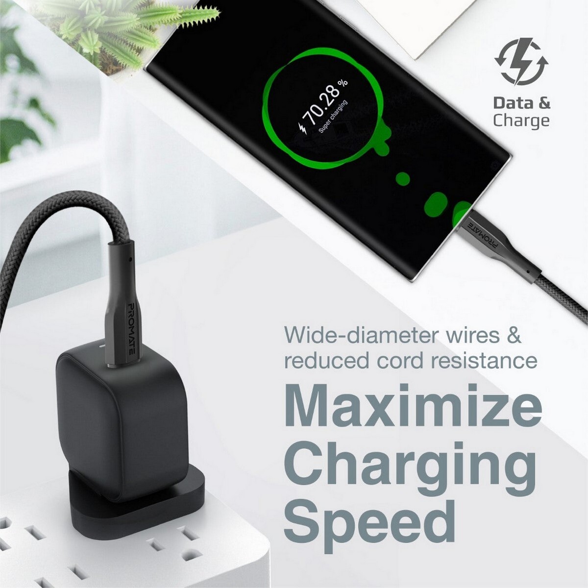Promate High Tensile Strength Data & Charge USB-C Cable Braided XCord Black