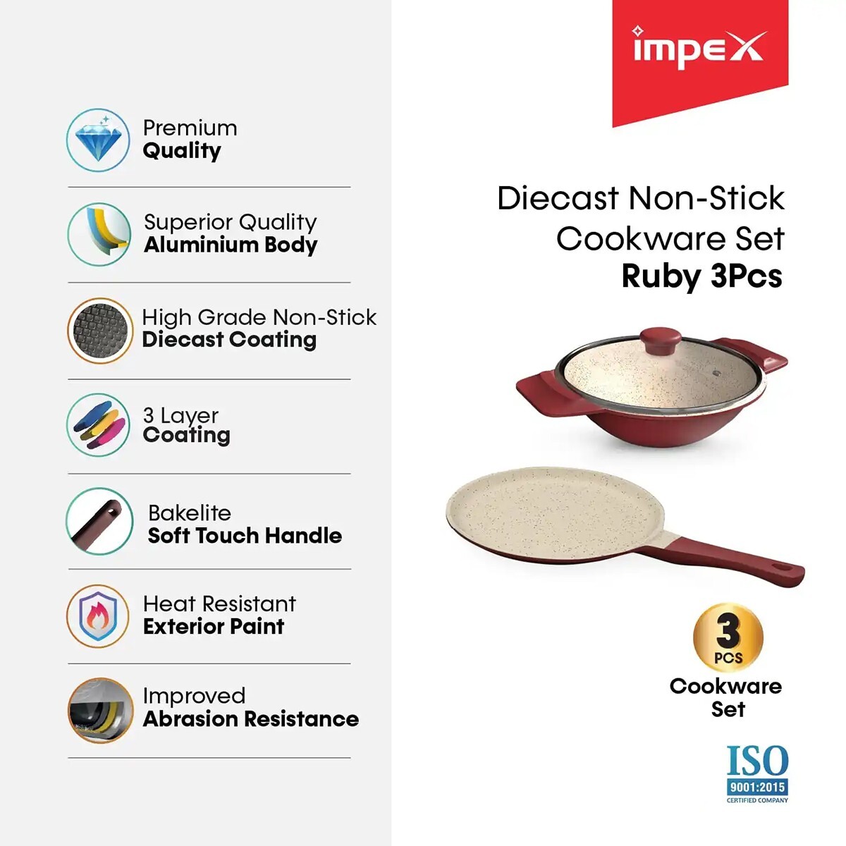 Impex Diecast Non-Stick Cookware Ruby 3Pc
