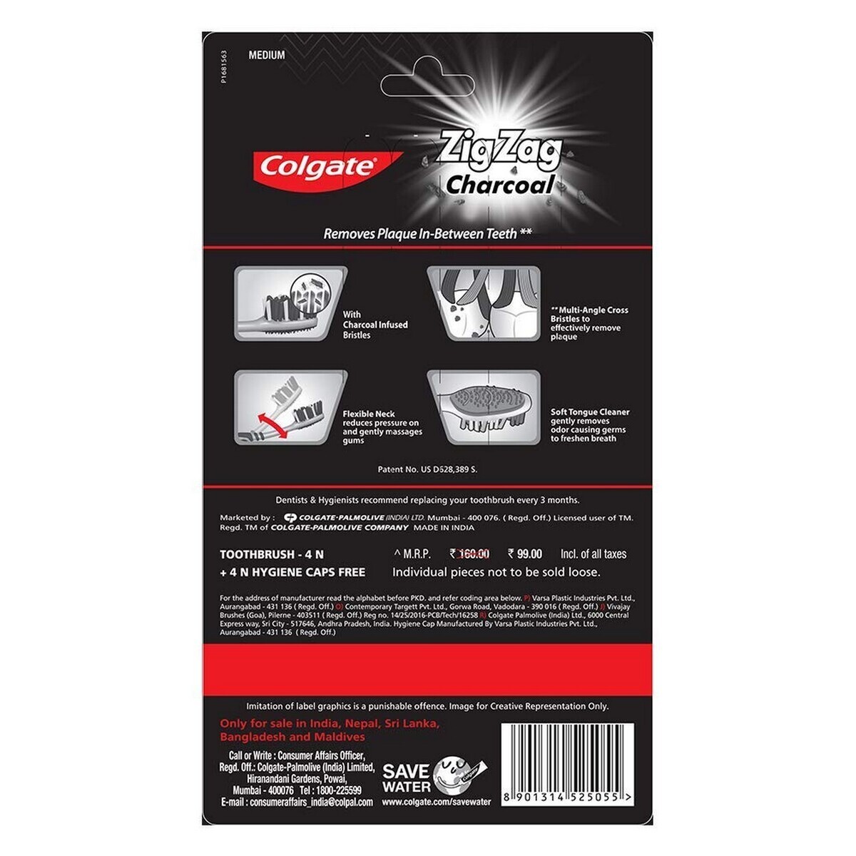 Colgate Tooth Paste  ZigZag Charcoal Medium 4's