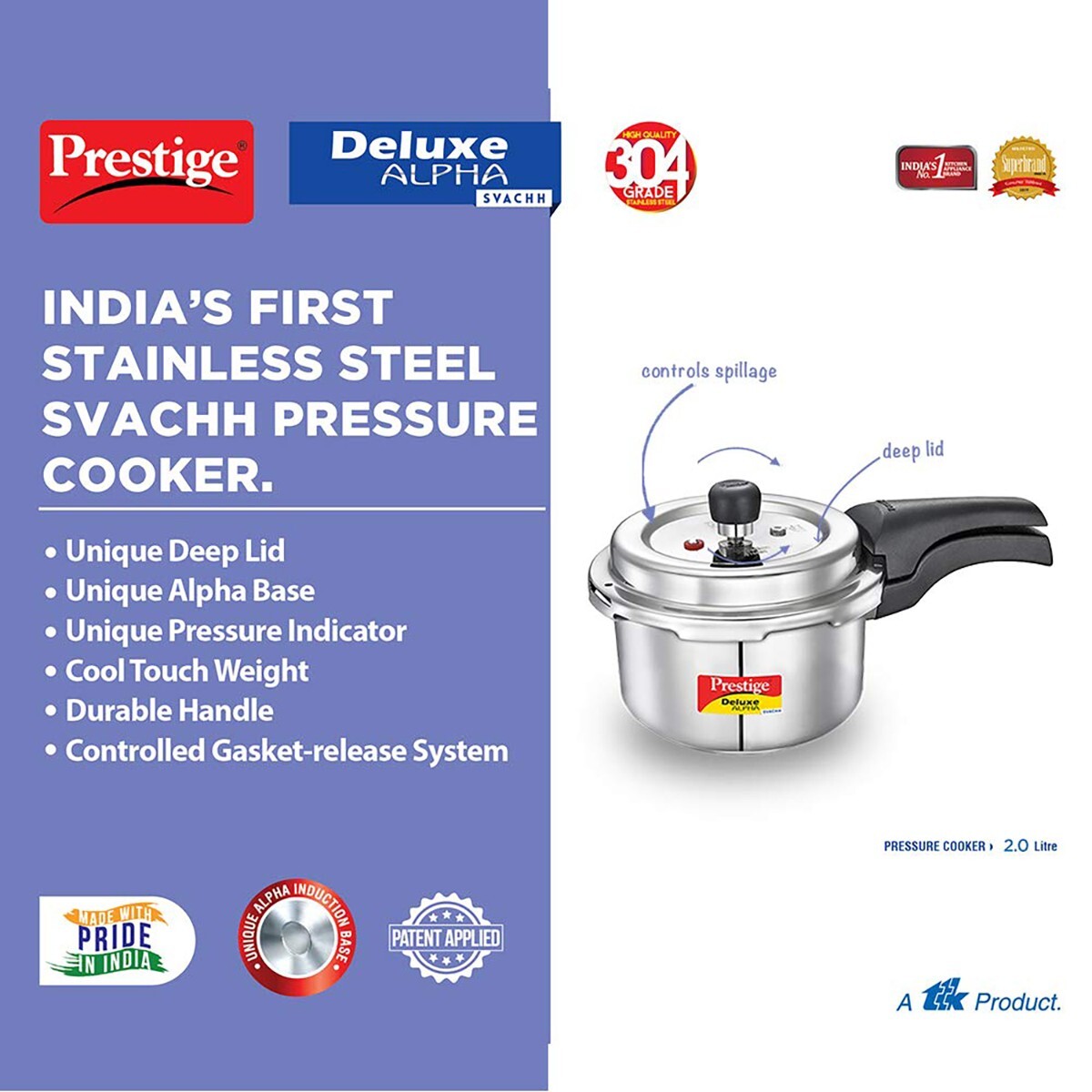 Prestige Stainless Steel Pressure Cooker Deluxe Alpha Svachh 2L