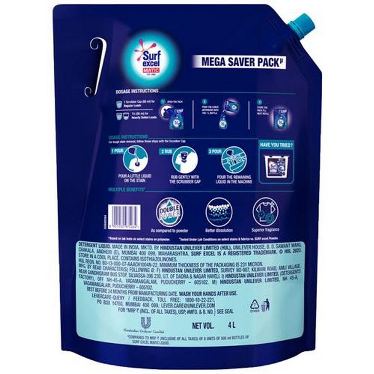 Surf Excel Matic Top Load Liquid Detergent, 4L