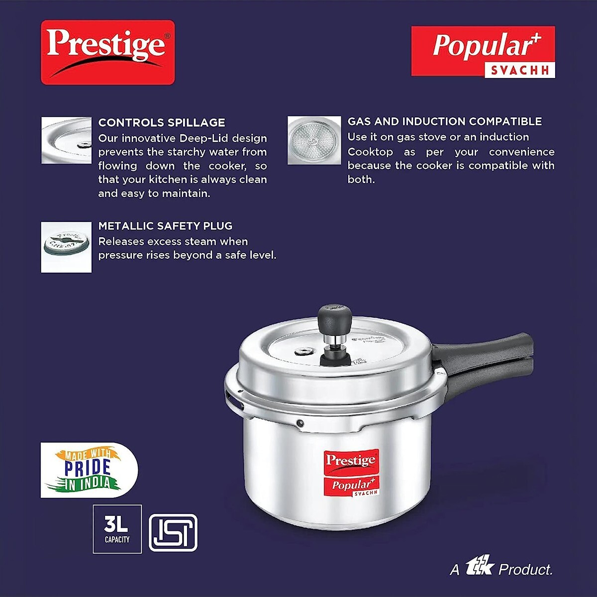 Prestige Popular Plus Aluminium Svachh Outer Lid Pressure Cooker 3L