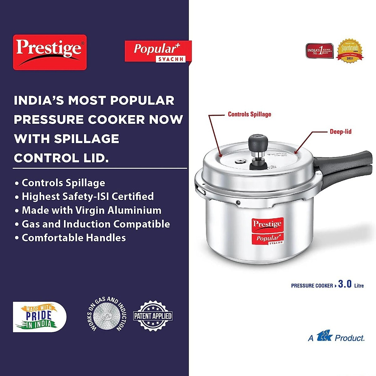 Prestige Popular Plus Aluminium Svachh Outer Lid Pressure Cooker 3L